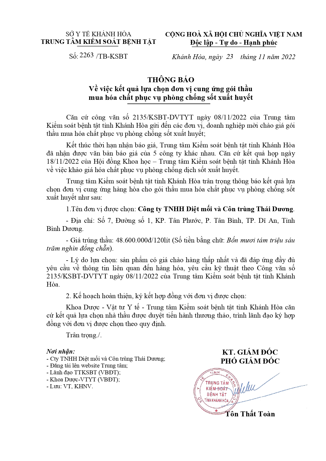 Về việc kết quả lựa chọn đơn vị cung ứng gói thầu  mua hóa chất phục vụ phòng chống sốt xuất huyết